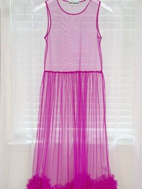 MOLLY GODDARD Sheer Fuchsia Pink Tulle Ruffle Hem Dress